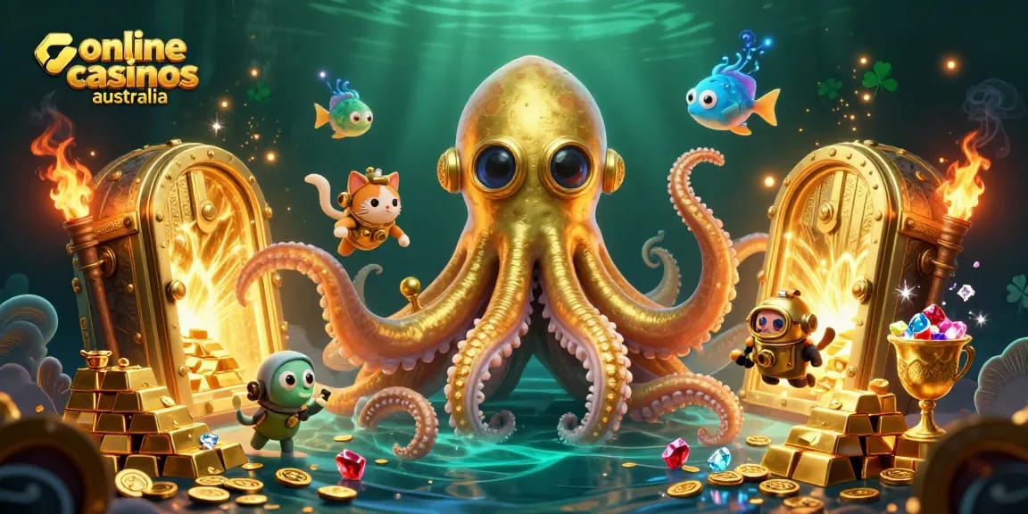 Experience the thrill at online casinos australia featuring a magical kraken and diving cat.