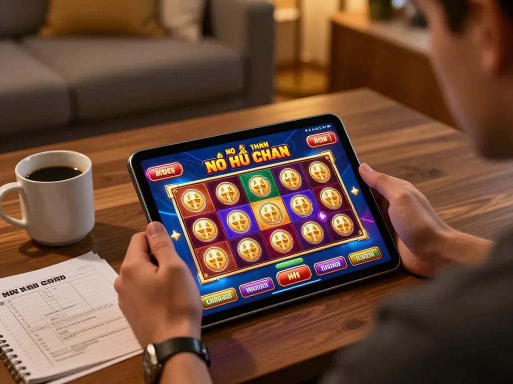 Engaging in nổ hũ đổi thưởng at home, showcasing strategic gameplay on a tablet.