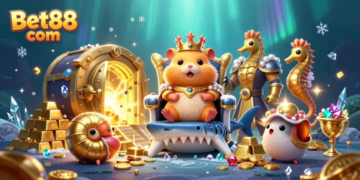 Engage with dynamic gaming adventures at Bet88 com featuring a hamster king on a megalodon throne.