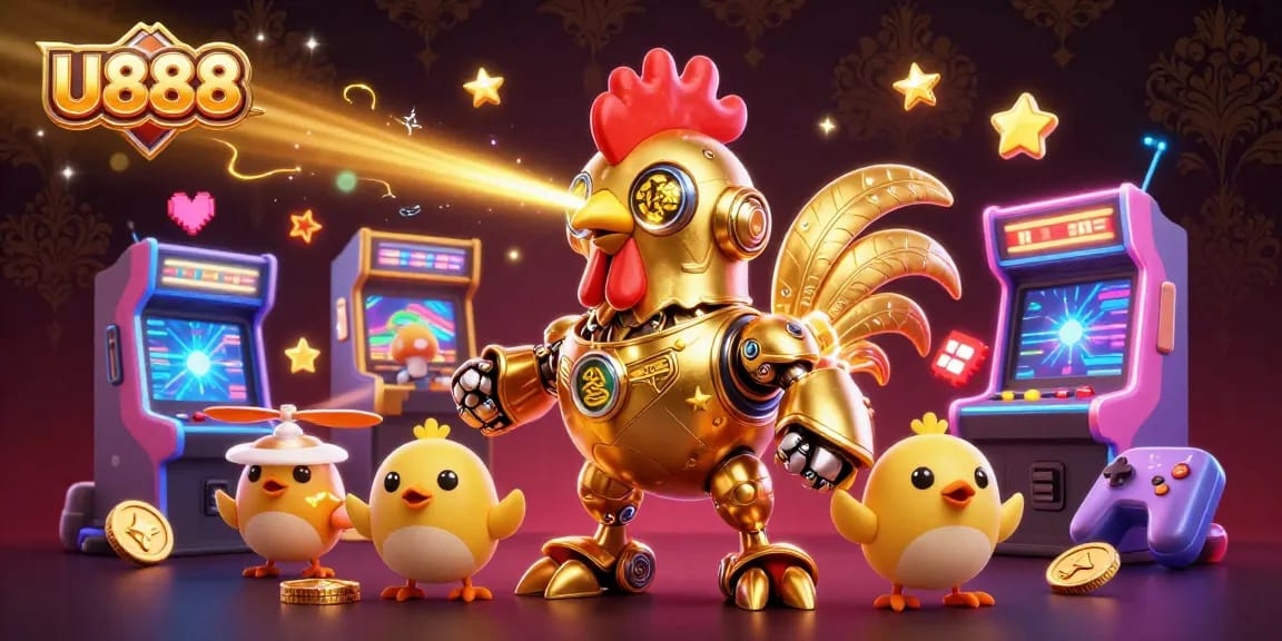 Engage with U888's exciting games featuring a golden rooster robot and baby chick drones in a dazzling casino scene.