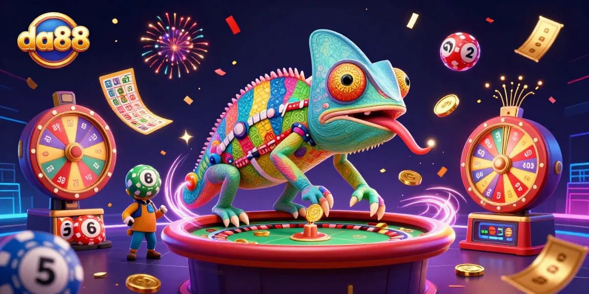 Spin and win at da88 with vibrant casino elements and a colorful chameleon owner.
