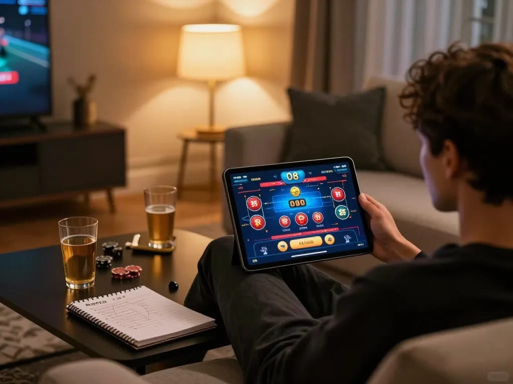 Mobile user engaged in O8 gaming on tablet while enjoying a cozy home atmosphere