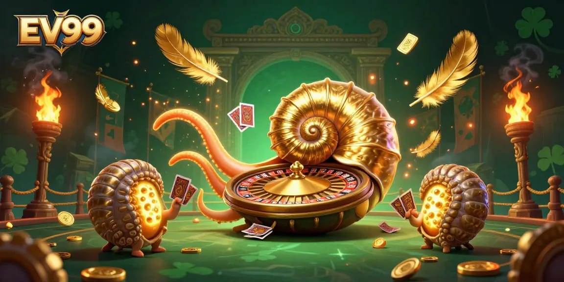 Experience the excitement of EV99 with a dynamic 3D casino scene featuring a giant nautilus roulette wheel and sharing winning moments.