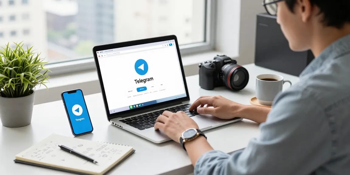 Engaging interaction with Telegram网页版 on a modern workspace laptop surrounded by tech gadgets.