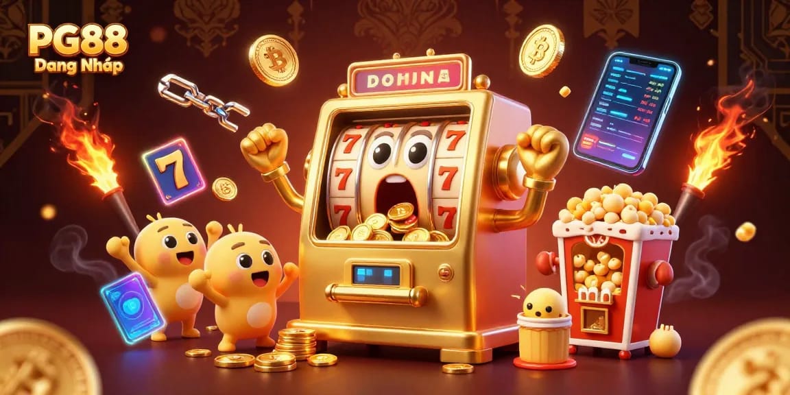 PG88 Đăng Nhập - Slot machine hitting jackpot surrounded by coins and blockchain elements