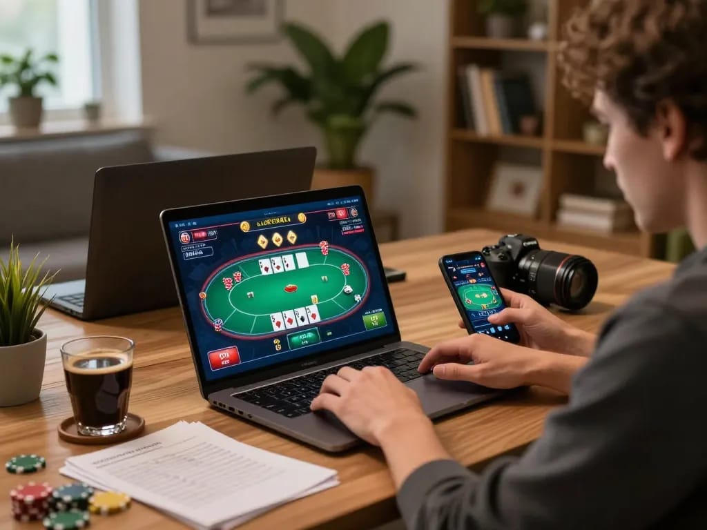 Player enjoys xx88 online casino gameplay on laptop, immersed in strategic betting.