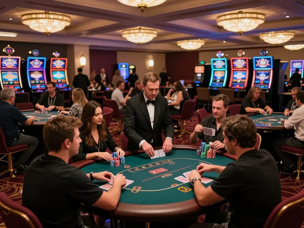 KJC players enjoy strategic gameplay at an upscale casino table in a vibrant atmosphere.
