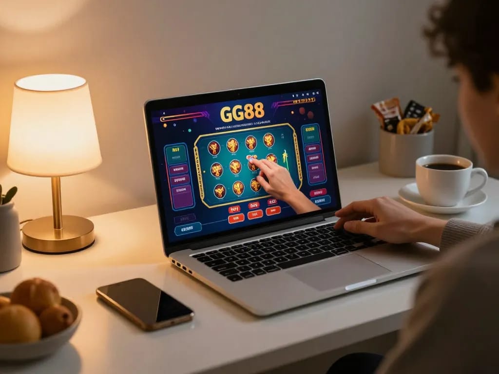 Engaging gameplay on GG88 casino app displayed on a laptop in a modern home setting.
