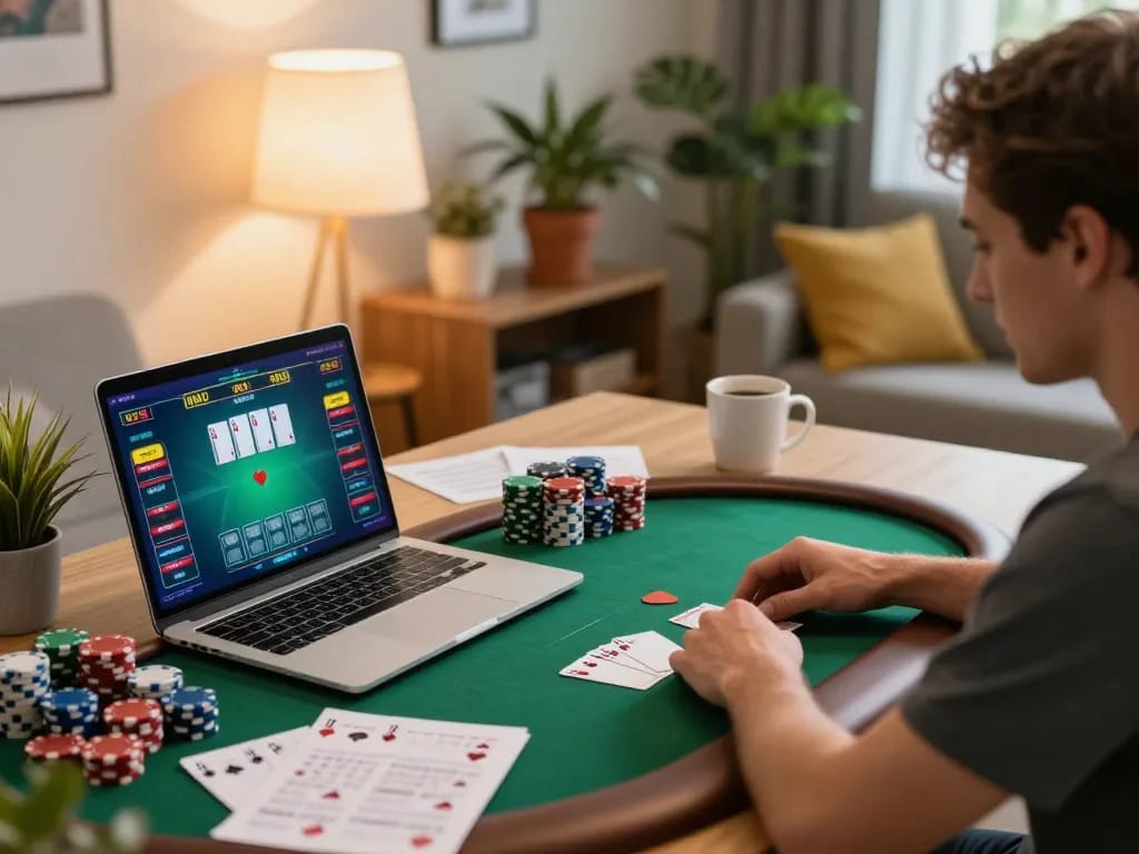 Player strategizing at mv66 online casino table on laptop with poker cards and chips