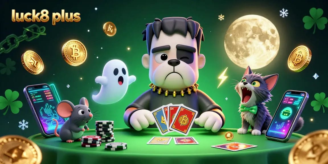 Engage with luck8 plus as a cartoon bulldog dealer and ghost mouse at a vibrant casino.