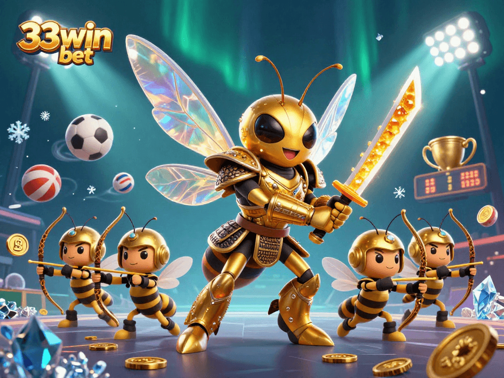 Engage in thrilling action with 33win bet at a vibrant casino scene featuring dynamic sports elements.