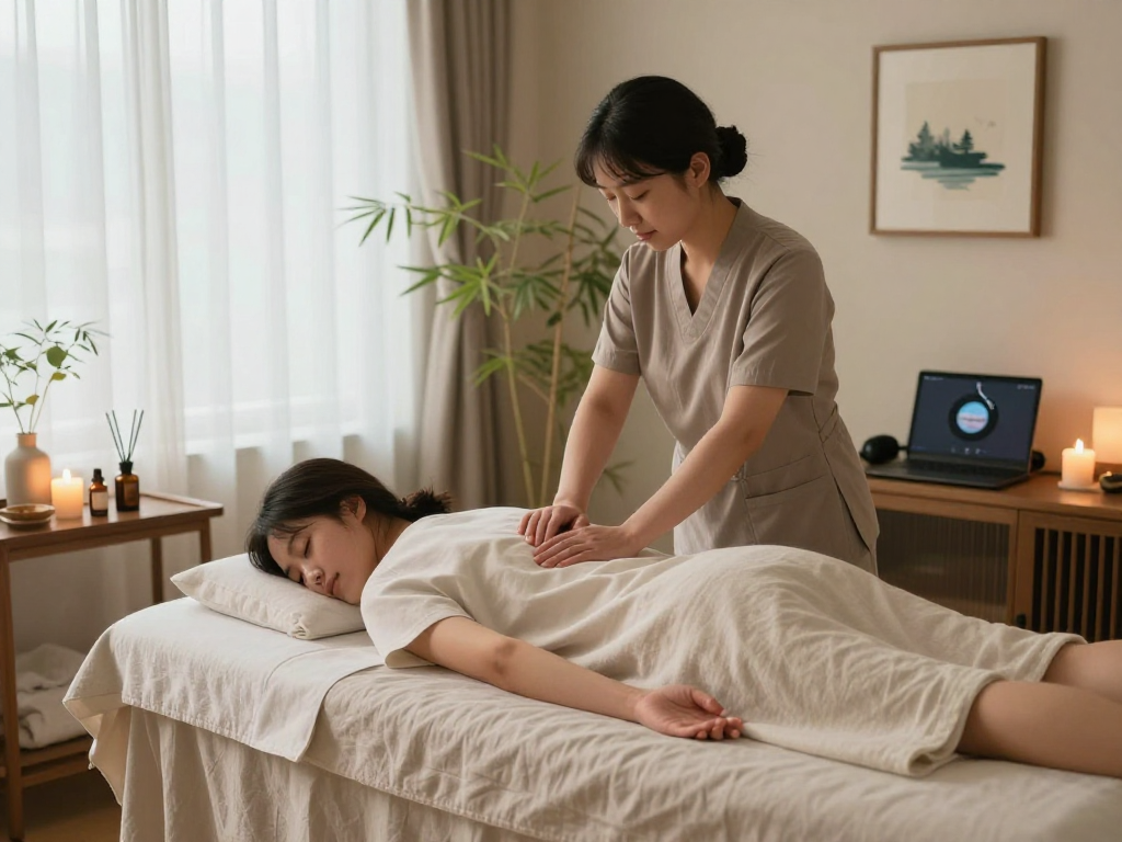 Experience 마포출장마사지 in a tranquil wellness room featuring a masseuse and client, illuminating relaxation.
