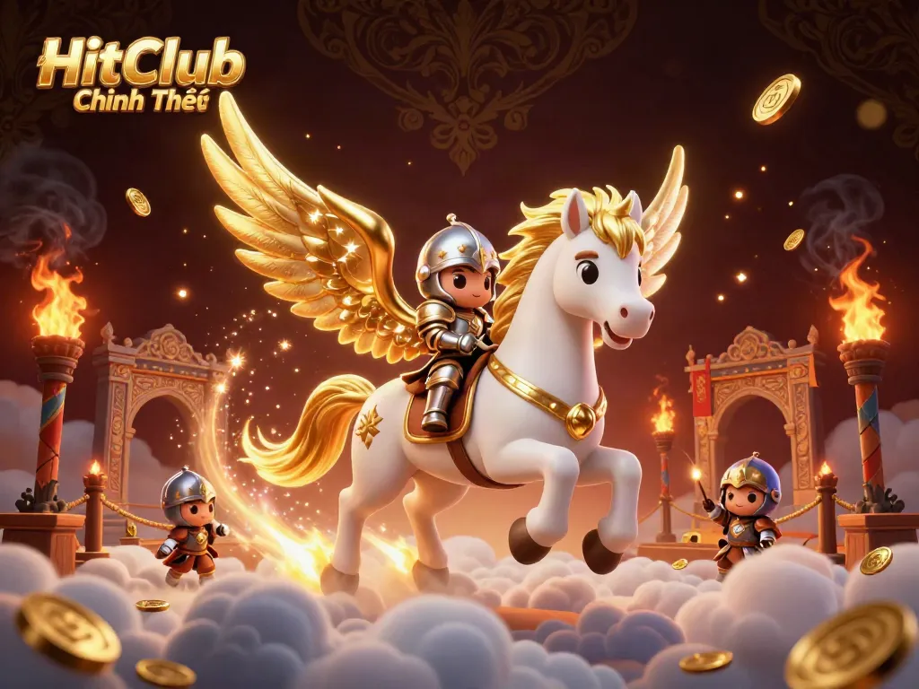 Engage in thrilling adventures with HitClub Chính Thức, featuring an epic scene of a celestial horse and knight amidst a dynamic casino atmosphere.