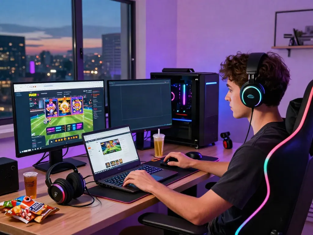 Exciting gaming scene featuring https://man88.hair/ on multiple screens, showcasing sports betting options and vibrant accessories.