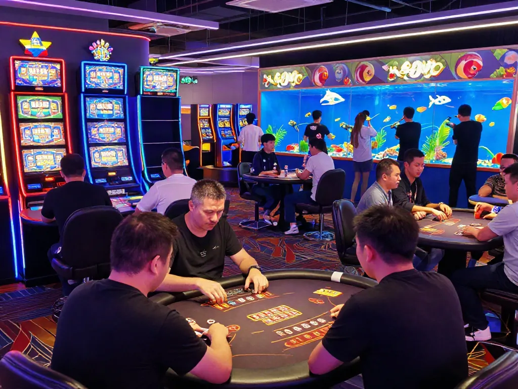 Exciting du88 casino gaming scene with players engaged at card tables and vibrant slot machines.