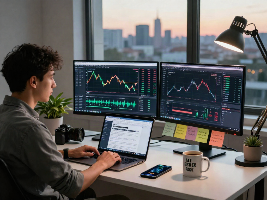 Monitores que muestran el precio btc en un ambiente de trading criptográfico, con tendencias de mercado.