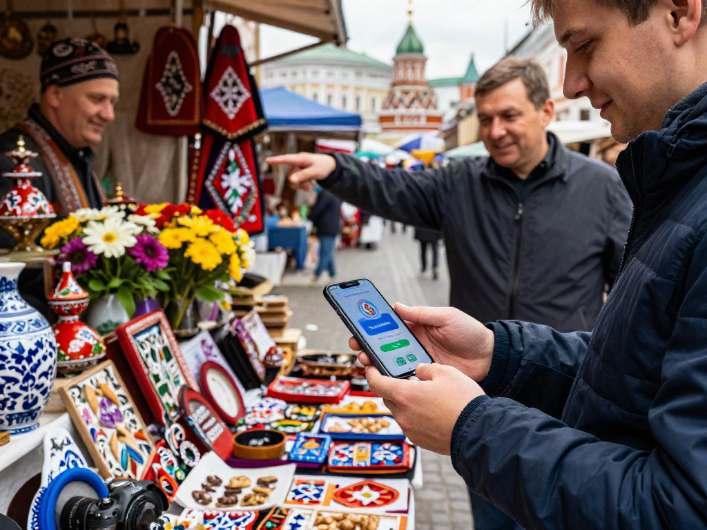 Pagando en Rusia con la app de https://payinrussia.com/ en un mercado local lleno de productos típicos.