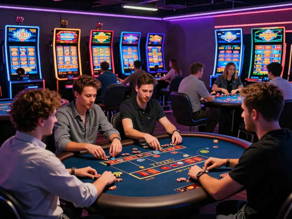 Dynamic ku88 online gambling atmosphere with diverse players at virtual casino tables.