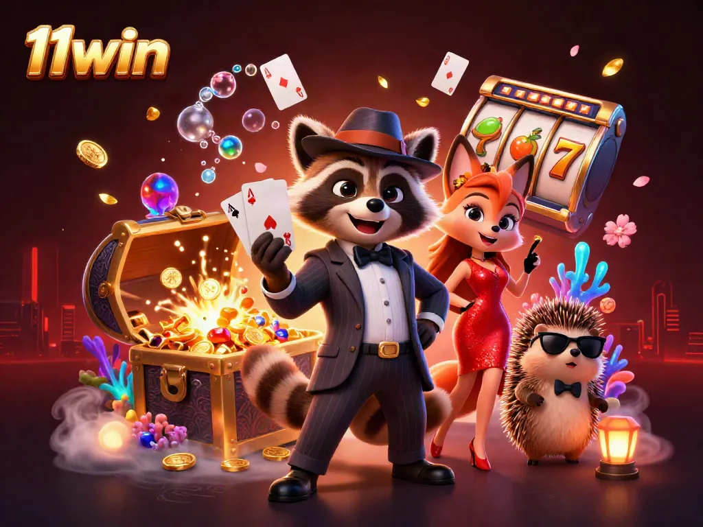 Experience thrilling gameplay at 11win with characters celebrating a big win in a vibrant casino scene.