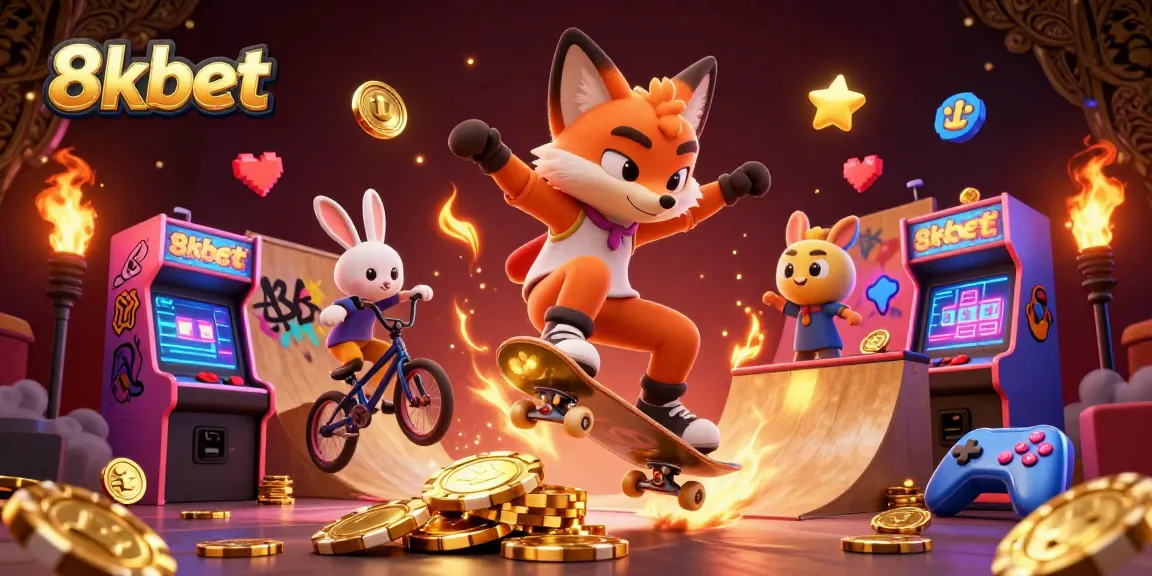 Experience the excitement of 8xbet with a skateboarder fox and BMX-rabbit in a vibrant casino scene.
