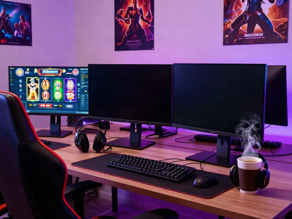 Nohuwin online gaming setup showcasing vibrant slot games and cozy atmosphere.