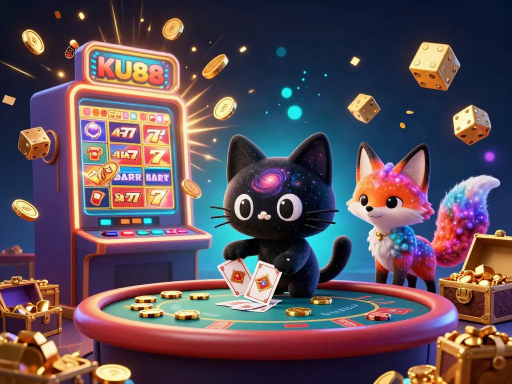 Engaging ku88 experience with a black hole cat and jackpot features in a cosmic casino scene.