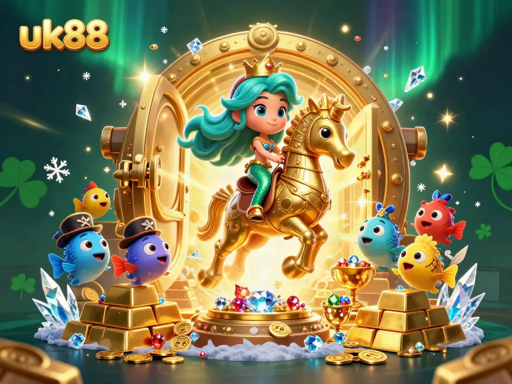 Catch thrilling wins at uk88 with a vibrant mermaid riding a seahorse surrounded by treasures and casino elements.