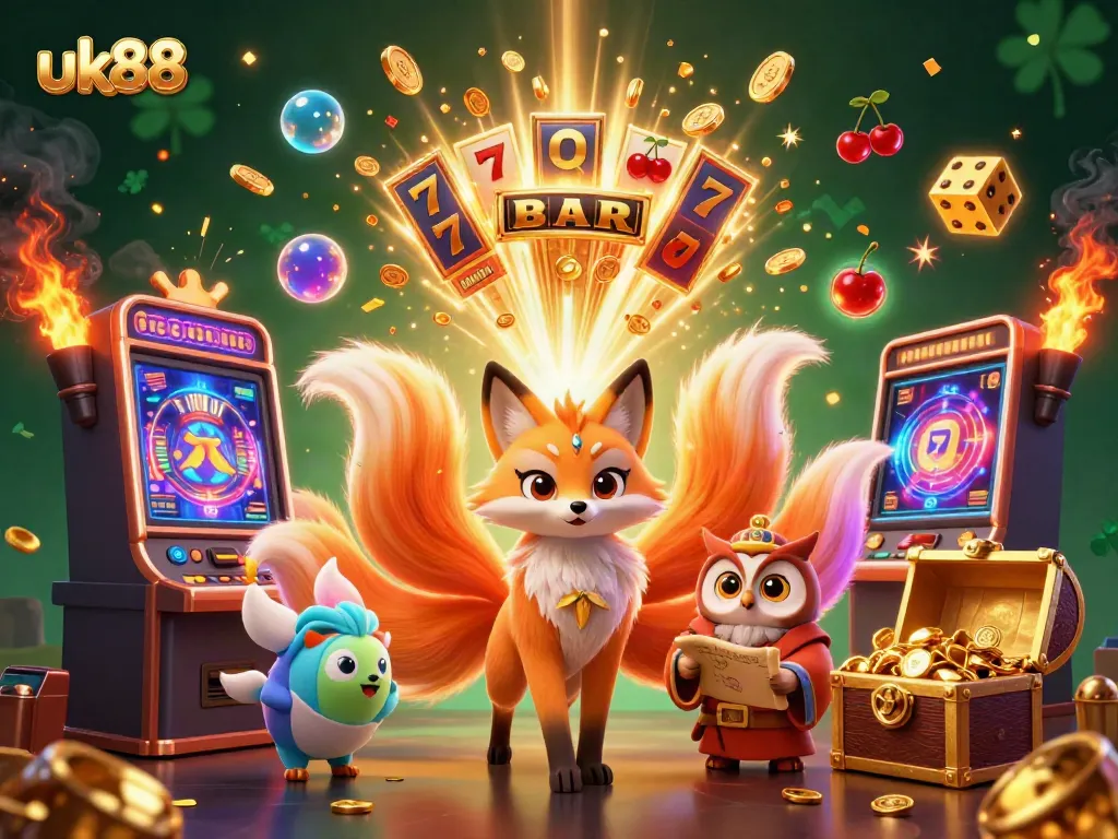 Experience the magic of uk88 with a vibrant casino illustration featuring a nine-tailed fox and dynamic gaming elements.
