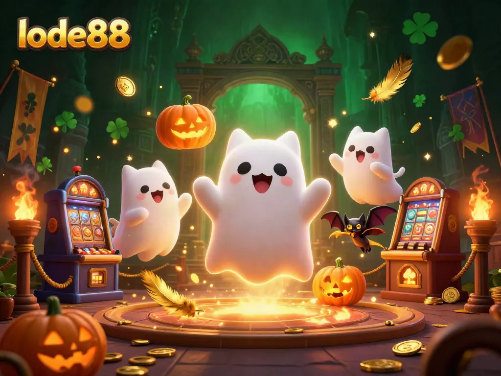 Experience the excitement of lode88 with a haunted casino adventure featuring a ghost cat and bat companion.