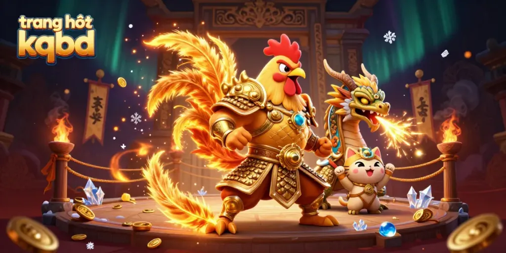 Engaging dynamic scene featuring powerful rooster warrior and dragon, representing trang chủ kqbd in a mythical gambling arena.