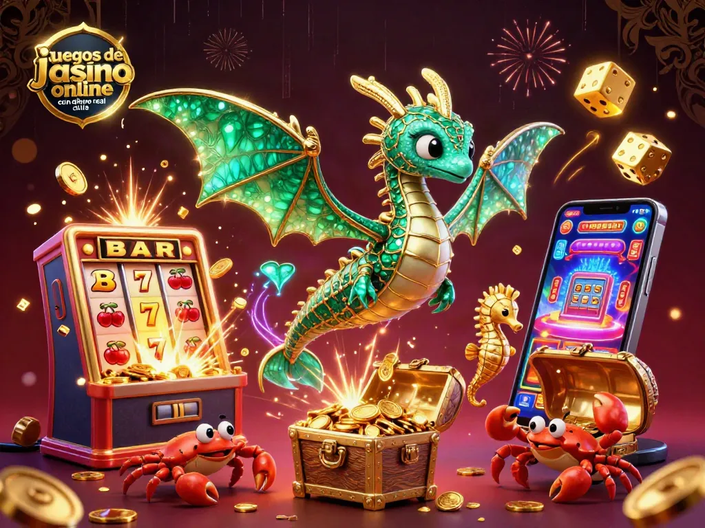 Disfruta juegos de casino online con dinero real chile en una festiva escena 3D de dragones, tragamonedas y tesoros.