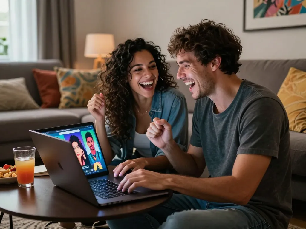 Engaging ai porn chat session capturing a couple's playful interaction in a cozy setting.