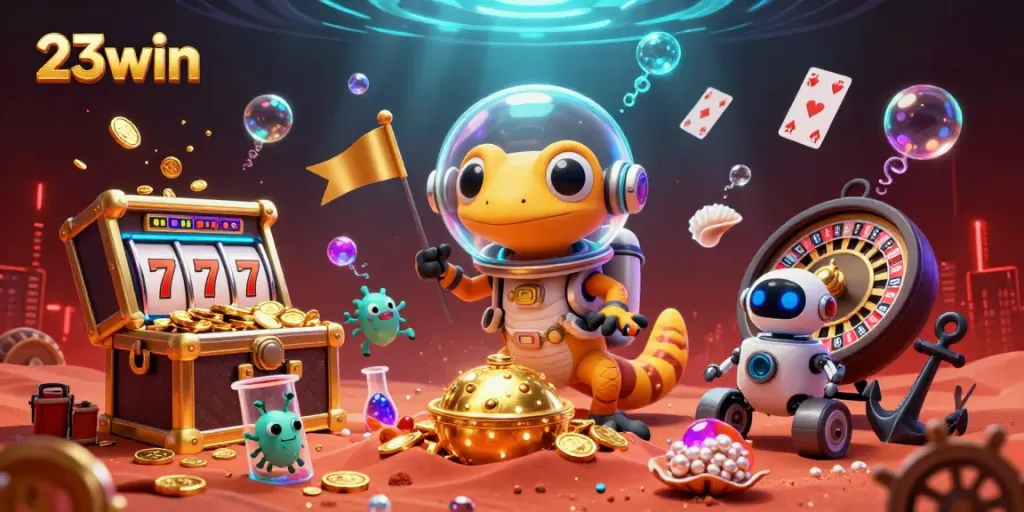 Experience thrilling gaming at 23win with a vibrant casino adventure revealed by a Martian gecko.