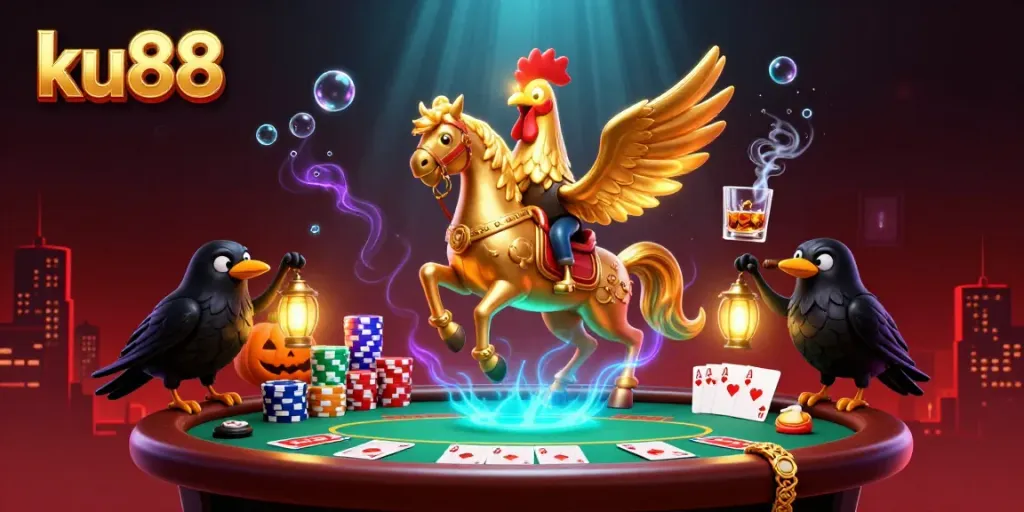 Experience thrilling gameplay with ku88 in this vibrant casino scene featuring a golden rooster hero.