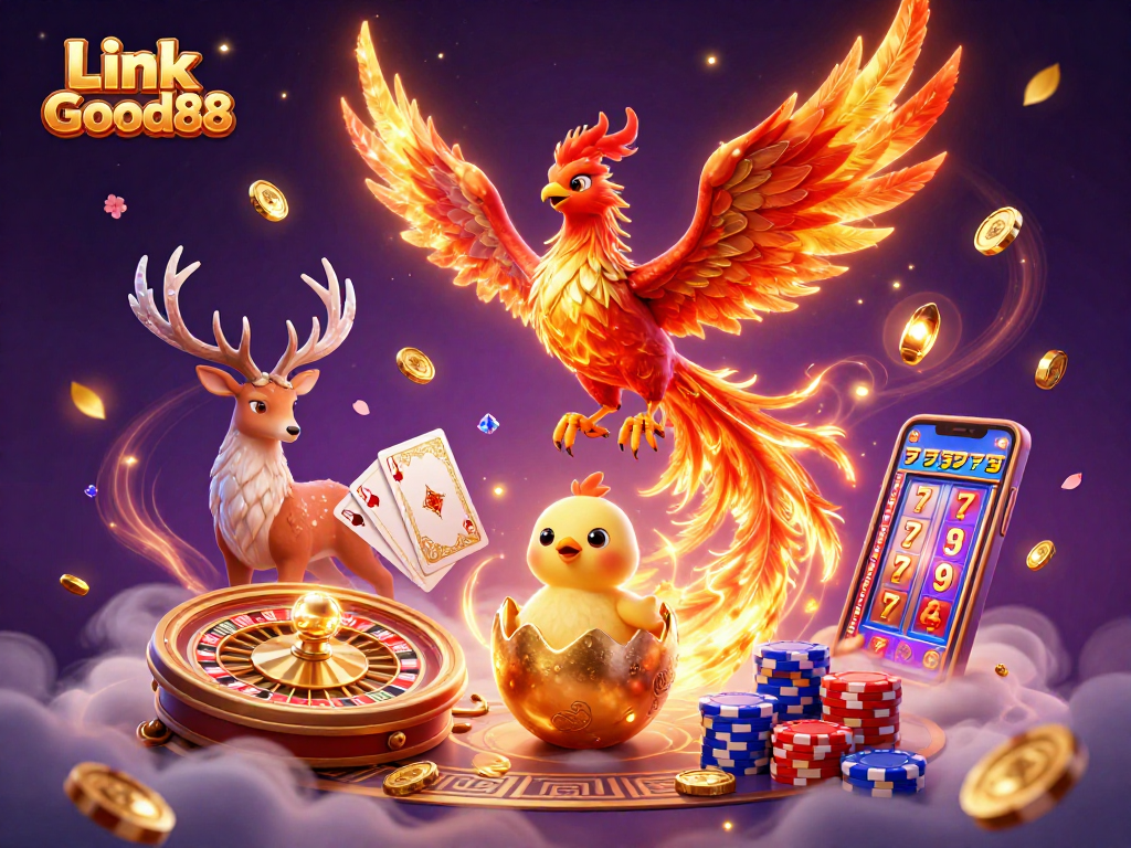 Experience the thrill at Link Good88 with a dynamic 3D casino scene featuring winning elements.