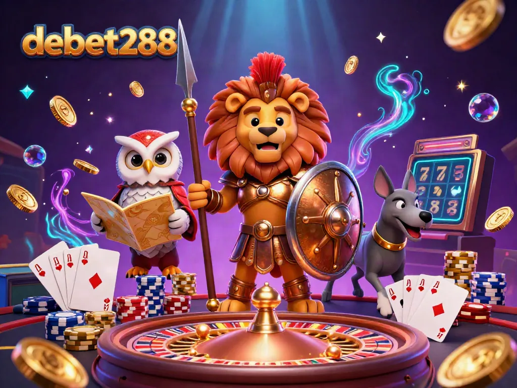 Experience the thrill of debet2868 with a vibrant 3D casino scene featuring a Spartan lion, an owl strategist, and a swift greyhound, amidst coins and spewing gems.