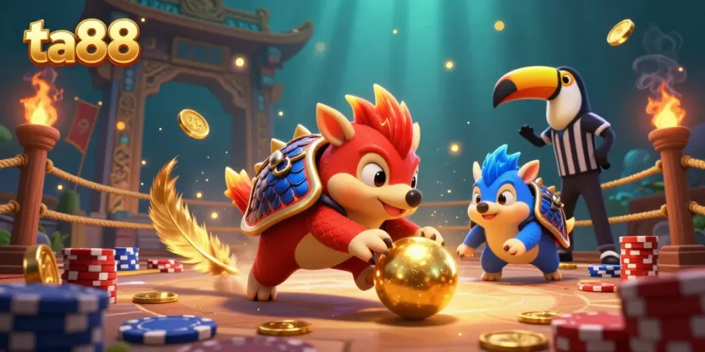 Engage in thrilling battles at ta88's dynamic gambling arena featuring rival pangolins and poker chips.