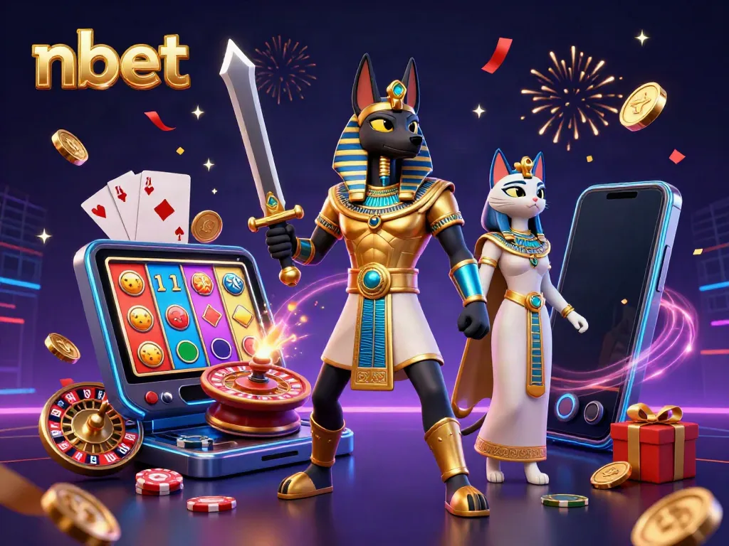 Engage with nbet's exciting games, featuring an ancient Egyptian warrior and sacred cat, surrounded by dynamic casino elements.