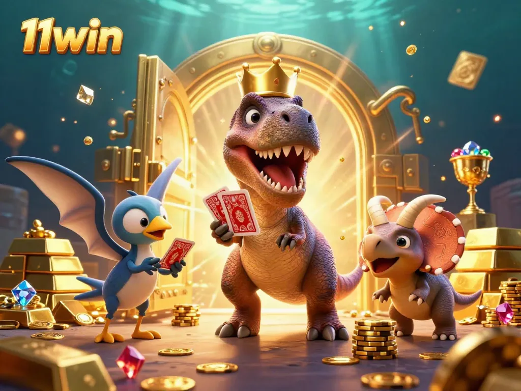 Experience the gaming thrill with 11win's card-shuffling T-Rex in a jewel-filled treasure scene.