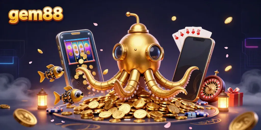 Experience the thrill of gem88 with a golden kraken submarine amid dazzling casino elements.
