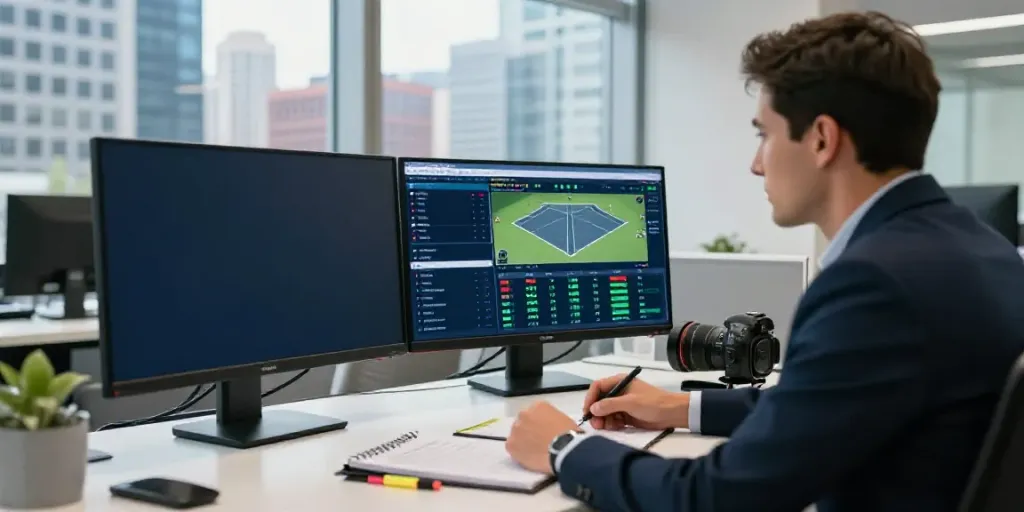 Análisis en tiempo real de pronóstico tenis en oficina moderna con pantallas de datos y luz natural.