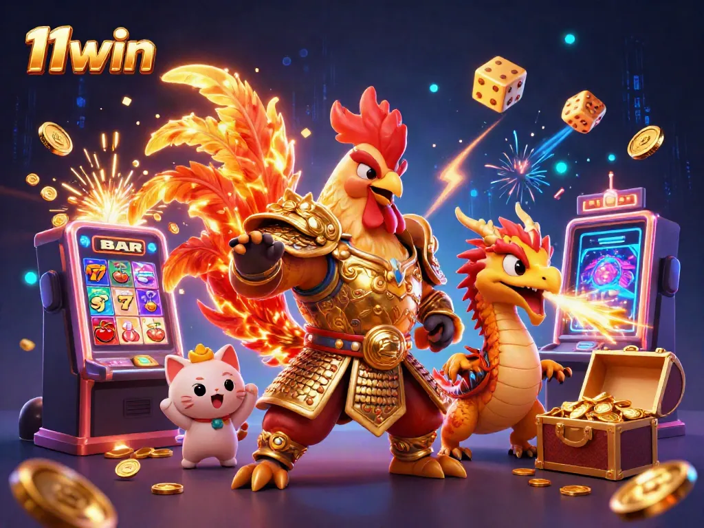 11win showcases thrilling casino gameplay with a rooster warrior and a dragon, celebrating jackpots.