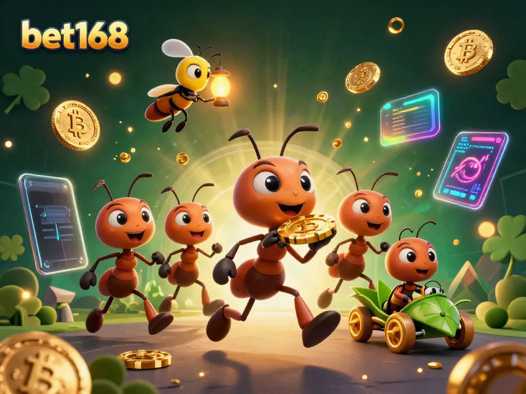 Experience the thrill of bet168 as dynamic ants carry a giant poker chip in a vibrant casino heist scene.