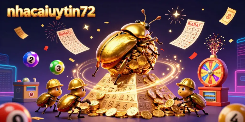 Engage with the dynamic world of nhacaiuytin72 featuring a golden beetle and casino symbols.