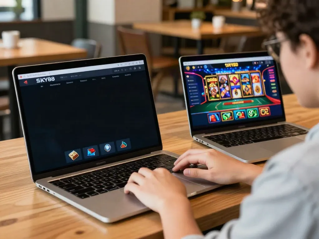 Engaging scene featuring a user interacting with SKY88 on smartphone and laptop in a cozy café, highlighting gaming options.