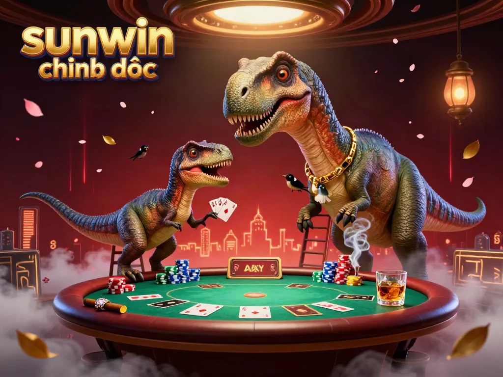 Experience the excitement of sunwin chính thức as a brontosaurus observes poker players in a vibrant casino setting.