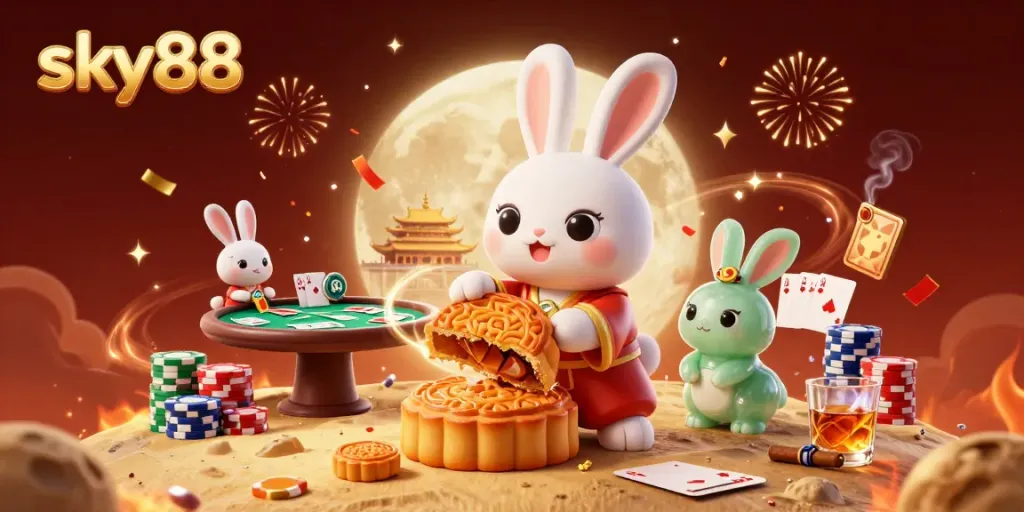 Engage with sky88 by enjoying a vibrant 3D illustration capturing a moon rabbit world of poker excitement.