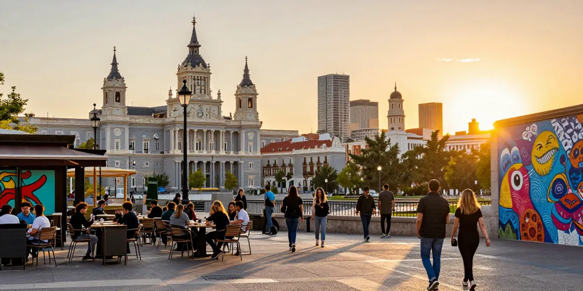 Vistas de la ciudad de Madrid al atardecer con noticias de Madrid en primer plano y ambiente vibrante.