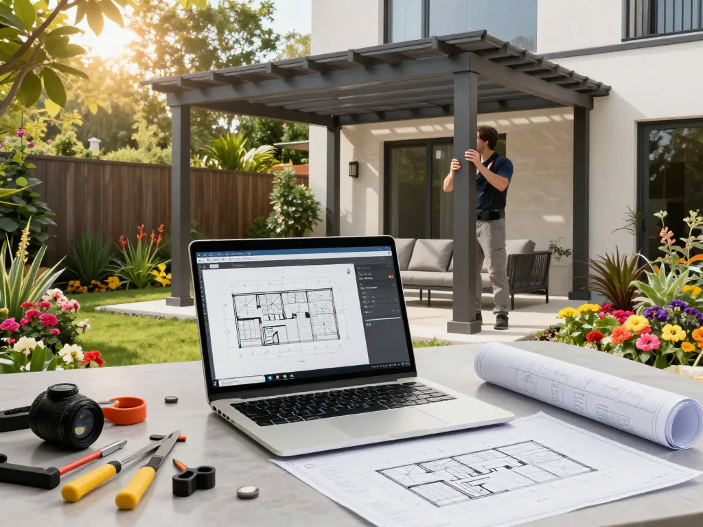 Profesional utilizando software para instaladores de verandas para configurar una pérgola 3D en un jardín exuberante.