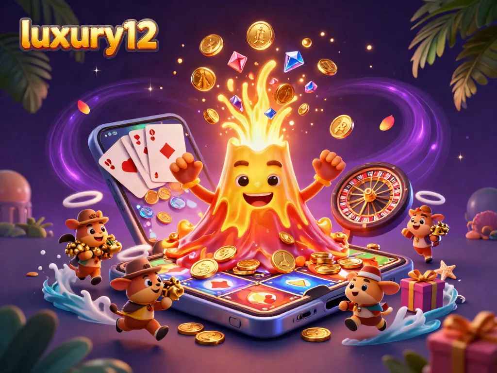 Spin the reels with luxury12, as treasures erupt from a golden volcano in this vibrant casino scene.